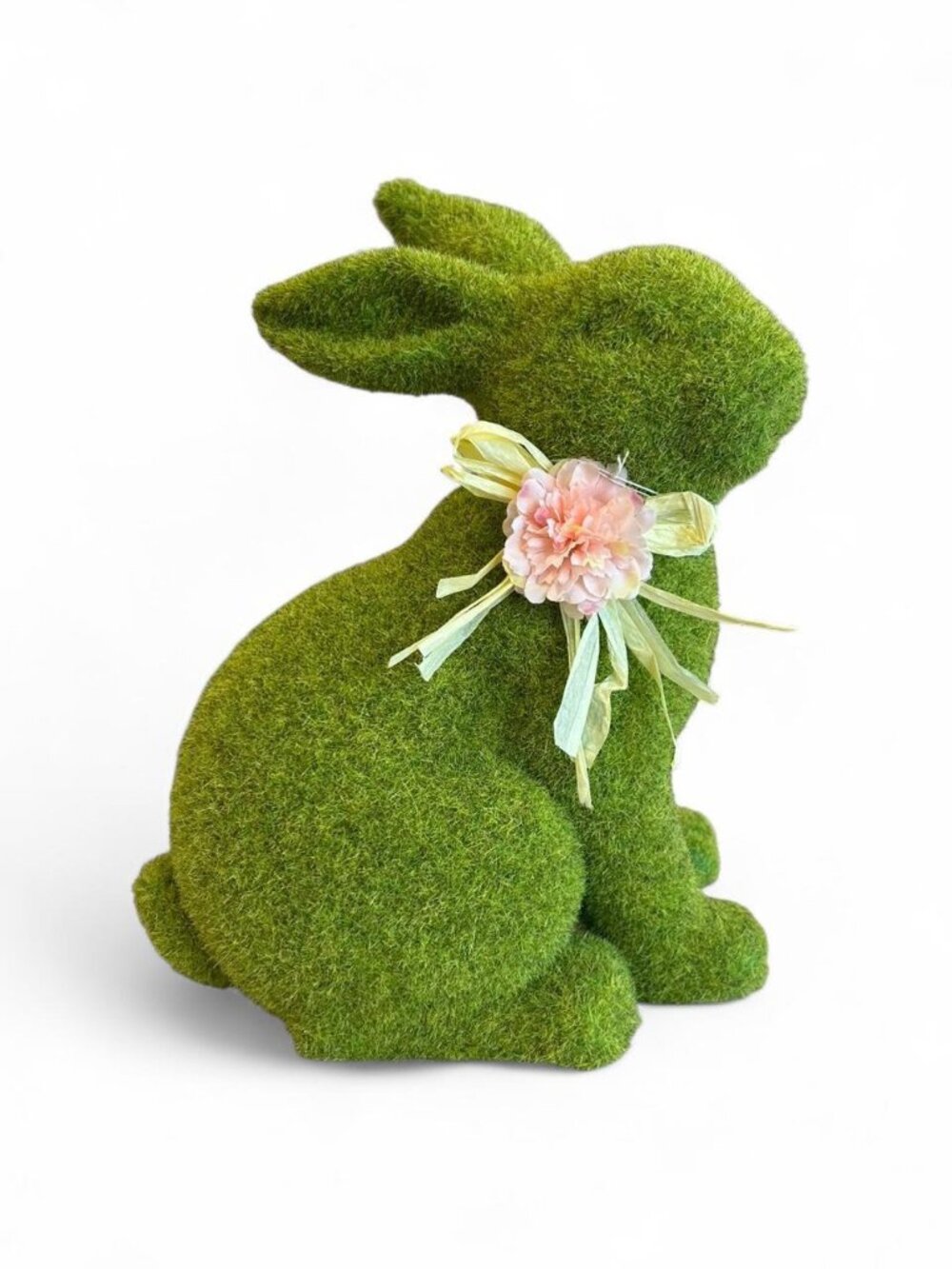 Moss Bunny Easter Decor – Green Flocked Rabbit with Floral Bow, Spring